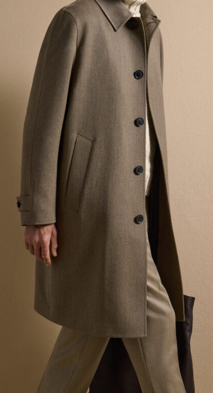 Taupe tailored overcoat crafted from Ermenegildo Zegna Italian fabric, featuring a clean single-breasted design for timeless sophistication.