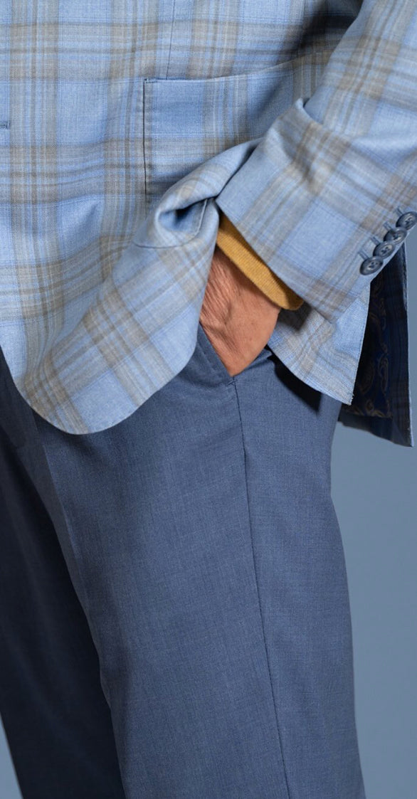 Close-up of a Gladson luxury bamboo sport coat, also known as California Cashmere, highlighting lightweight plaid fabric, custom tailoring, and premium menswear craftsmanship.