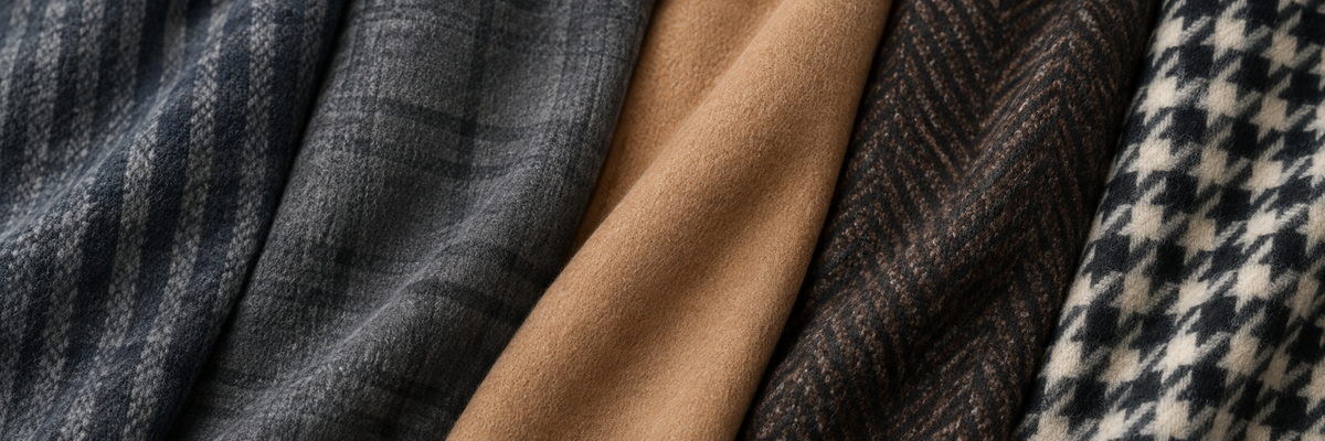 Folded navy and charcoal plaids, camel solid, brown herringbone and black and white houndstooth fabrics