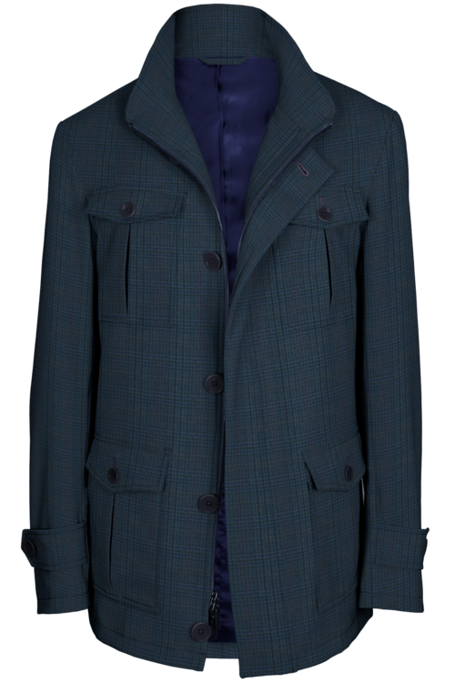 Blue Glen Plaid Five Button Field Jacket