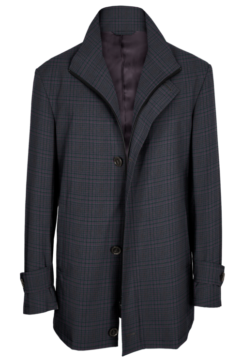 Purple Glen Plaid Four Button Zippered Car Coat