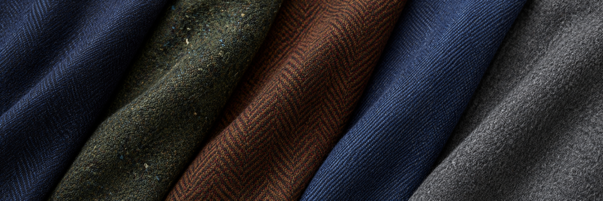 Folded navy, olive, rust, royal blue and grey wool fabrics