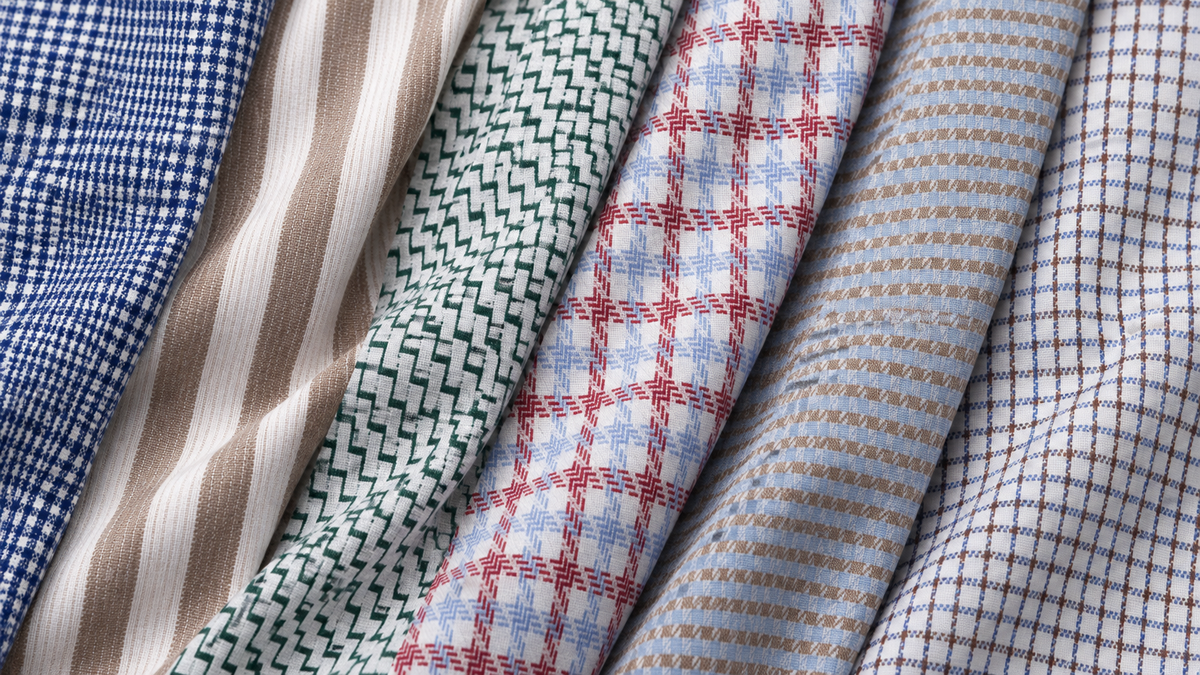 TravelSmart 2.0 shirting samples with checks, stripes and zigzag patterns in blue, beige, green and red.