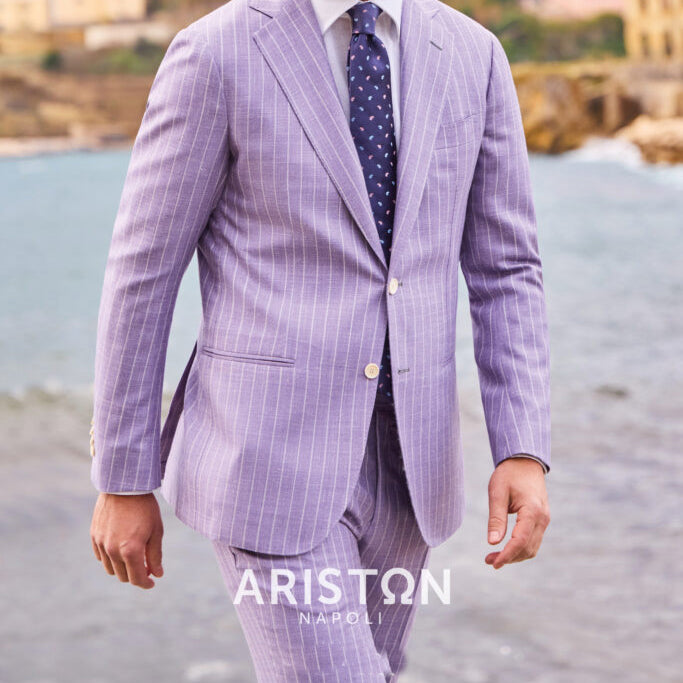 Lavender pinstripe suit crafted from Ariston Italian fabric, featuring lightweight tailoring and refined Mediterranean-inspired style.