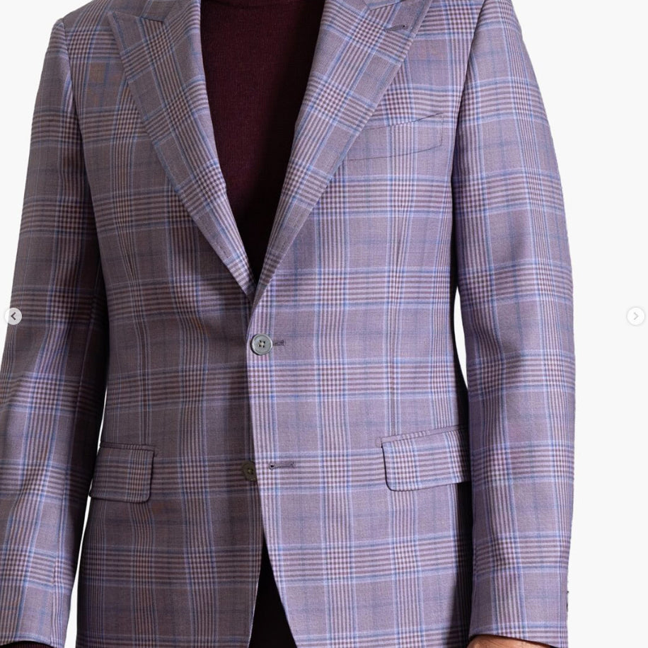 Close-up of a Gladson bamboo sport coat, known as California Cashmere, showcasing a lavender plaid fabric, soft drape, and premium craftsmanship.