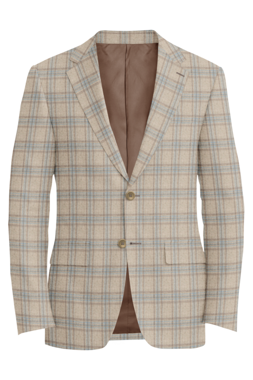 Guabello Tan Light Blue Multi Plaid Jacket in tan light blue multi plaid fabric