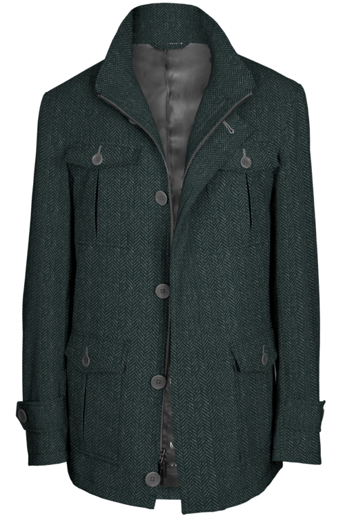 Black Herringbone Double face Five Button Field Jacket