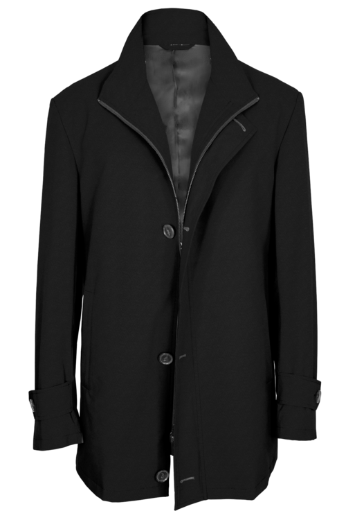 Black Solid Four Button Zippered Car Coat