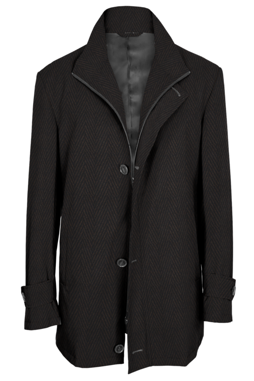 Brown Herringbone Four Button Zippered Car Coat