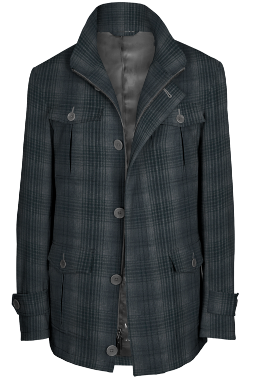 Charcoal Grey Plaid Five Button Field Jacket