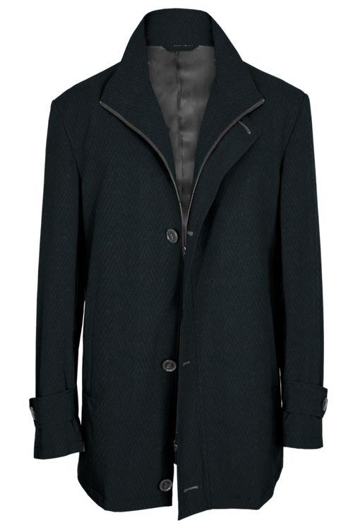Charcoal Herringbone Four Button Zippered Car Coat