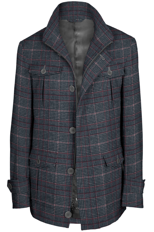 Charcoal Red Plaid Five Button Field Jacket