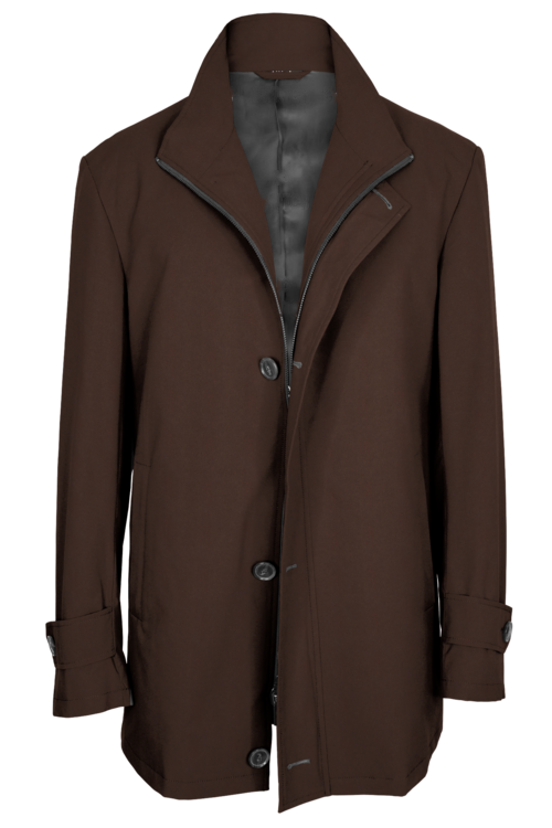 Chocolate Solid Four Button Zippered Car Coat