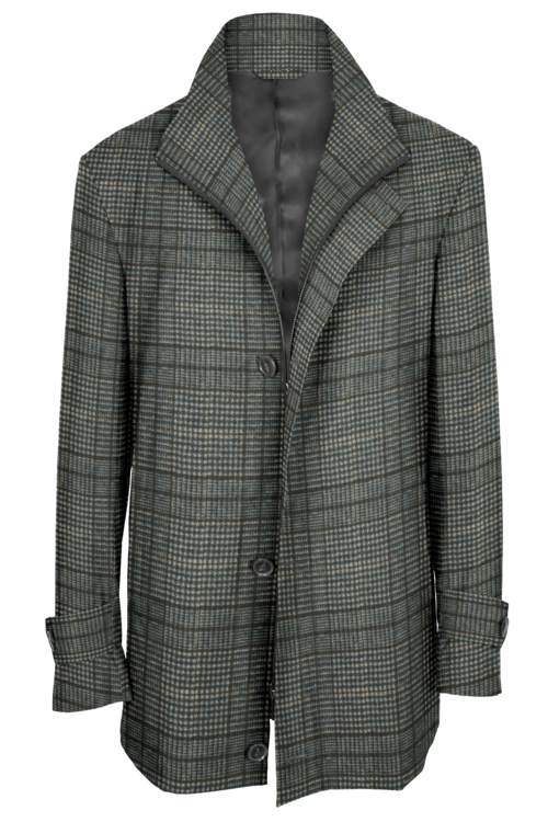Grey Brown Plaid Four Button Zippered Car Coat
