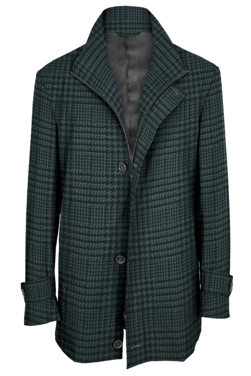 Grey Glen Plaid Four Button Zippered Car Coat