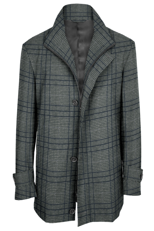 Grey Navy Plaid Four Button Zippered Car Coat