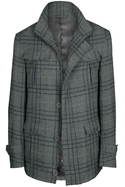 Grey Navy Plaid Five Button Field Jacket