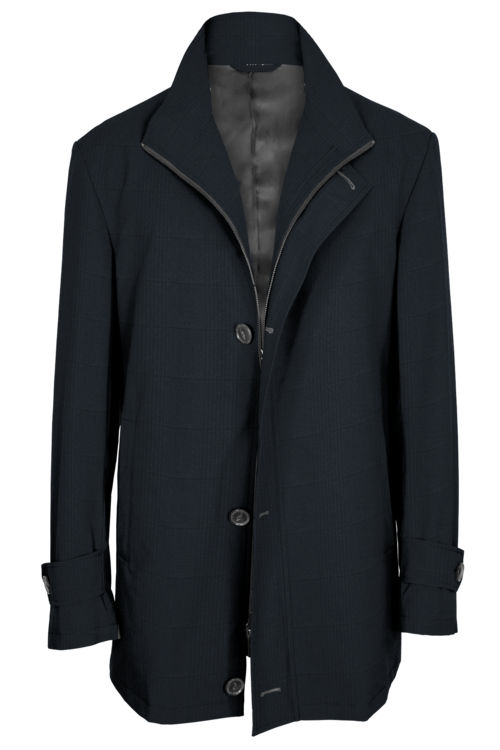 Navy Glen Plaid Four Button Zippered Car Coat