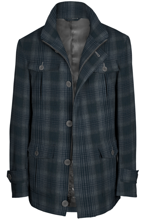 Navy Grey Plaid Five Button Field Jacket
