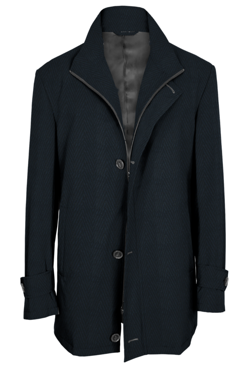 Navy Herringbone Four Button Zippered Car Coat