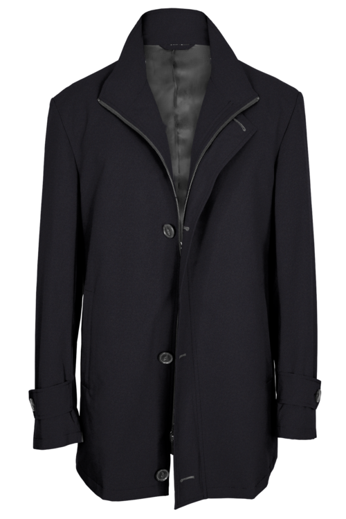 Navy Solid Four Button Zippered Car Coat