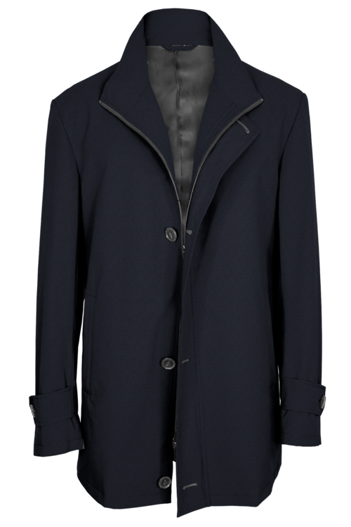 Navy Solid Four Button Zippered Car Coat