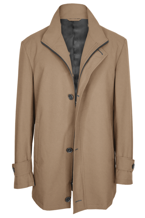 Sand Solid Four Button Zippered Car Coat