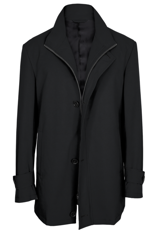 Black Solid Four Button Zippered Car Coat