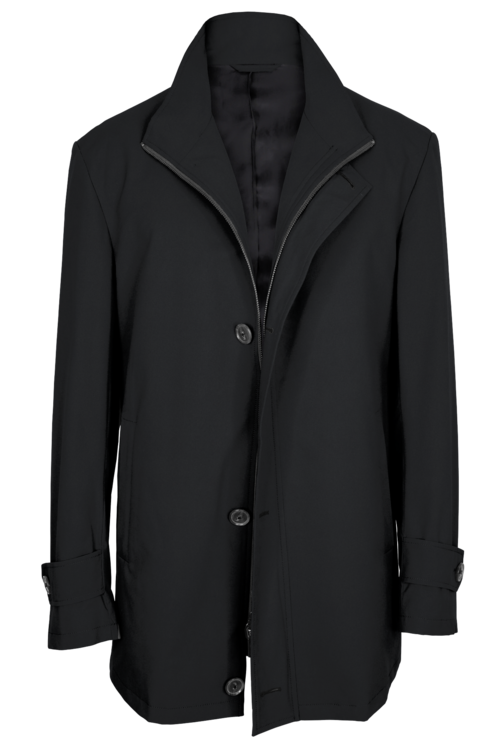Black Solid Four Button Zippered Car Coat