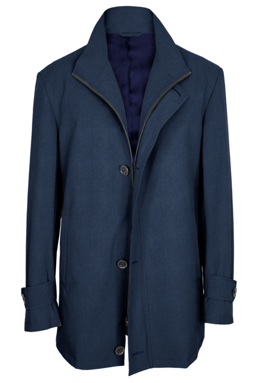 Blue Herringbone Four Button Zippered Car Coat