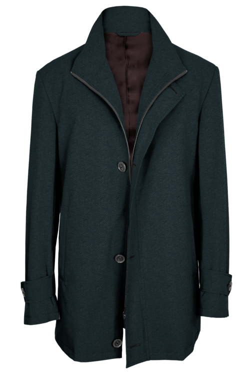 Charcoal Herringbone Four Button Zippered Car Coat