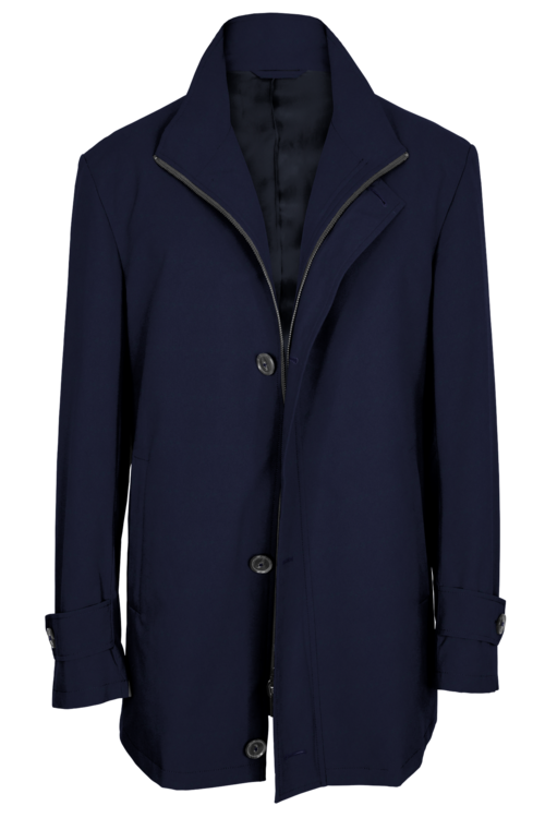 Deep Navy Solid Four Button Zippered Car Coat