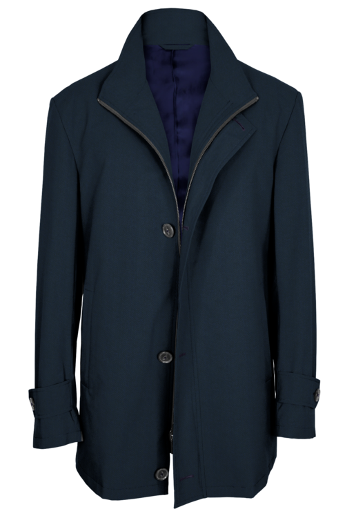 Navy Herringbone Four Button Zippered Car Coat