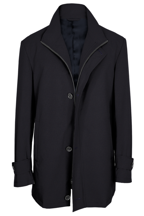 Navy Solid Four Button Zippered Car Coat