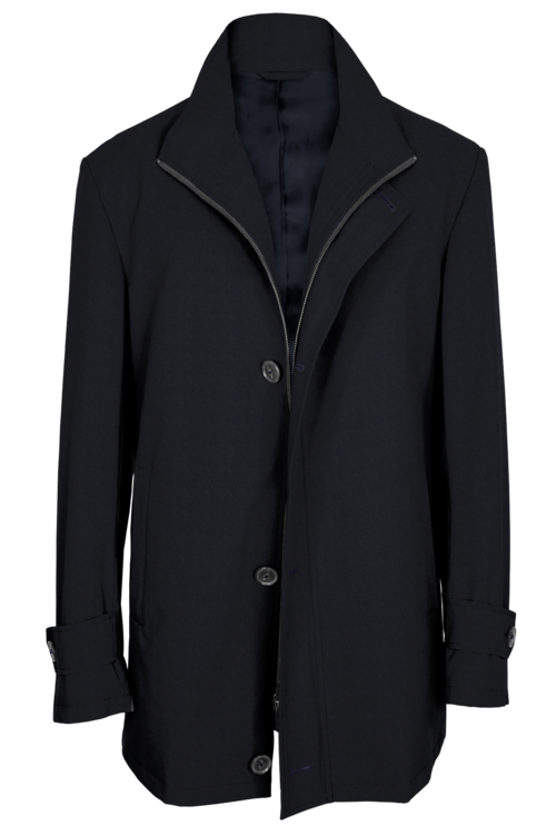 Navy Solid Four Button Zippered Car Coat