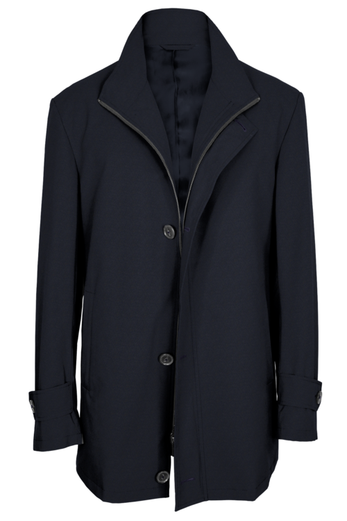 Navy Solid Four Button Zippered Car Coat