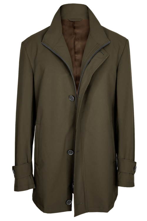 Olive Solid Four Button Zippered Car Coat