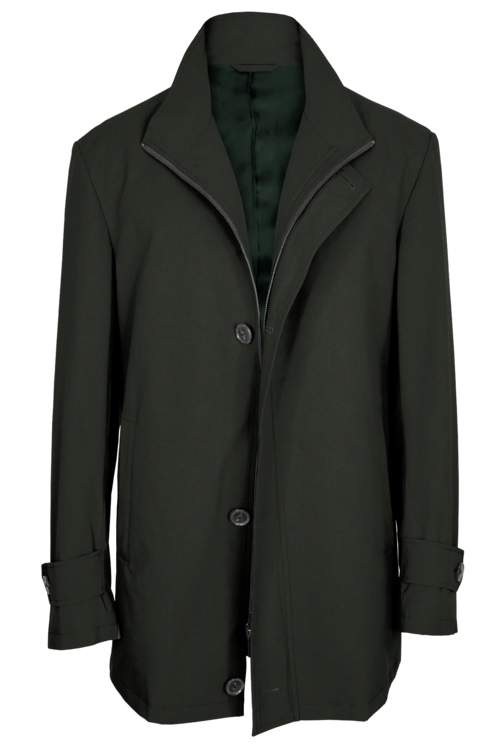 Olive Twill Four Button Zippered Car Coat