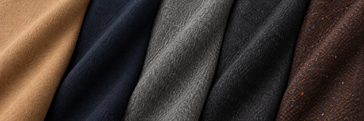 Folded camel, navy, grey, charcoal and brown Donegal outerwear fabrics