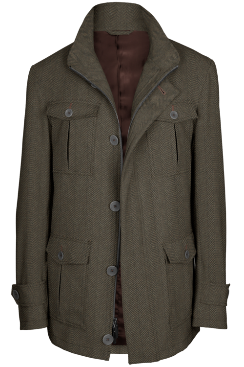 Tan Herringbone Five Button Field Jacket