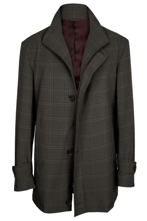 Tan Brown Plaid Four Button Zippered Car Coat
