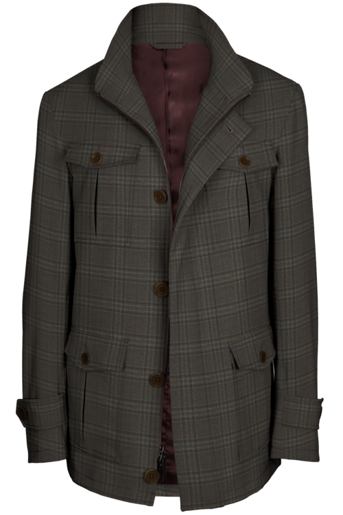Tan Brown Plaid Five Button Field Jacket