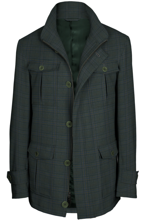 Green Blue Plaid Five Button Field Jacket