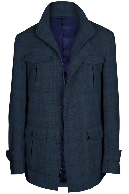 Blue Brown Check Five Button Field Jacket