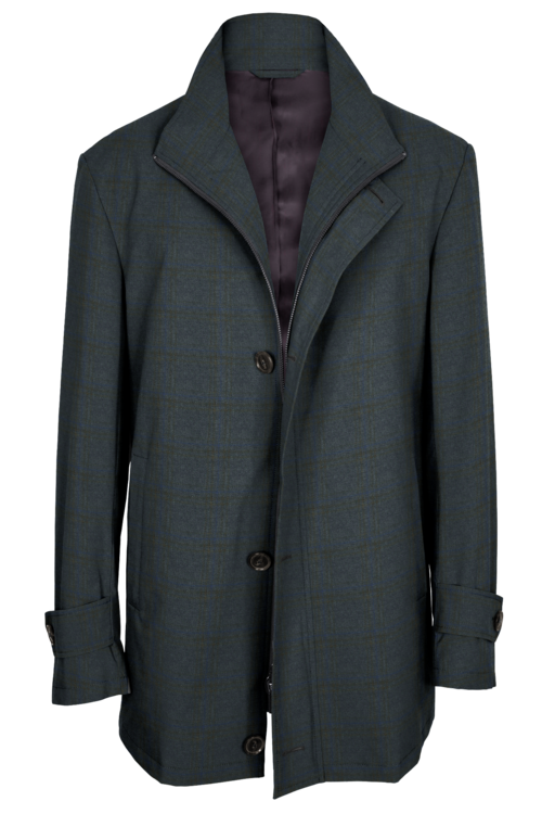 Grey Blue Check Four Button Zippered Car Coat