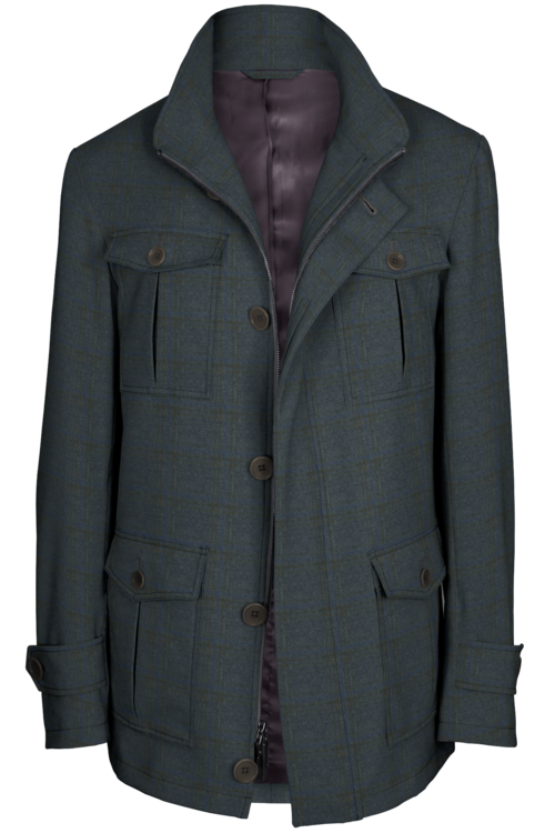 Grey Blue Check Five Button Field Jacket