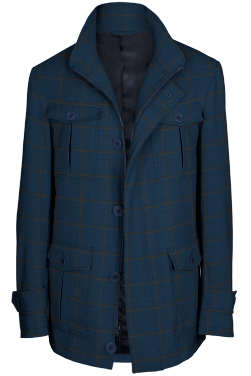 Blue Brown Windowpane Five Button Field Jacket