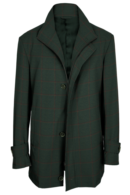 Green Wine Windowpane Four Button Zippered Car Coat