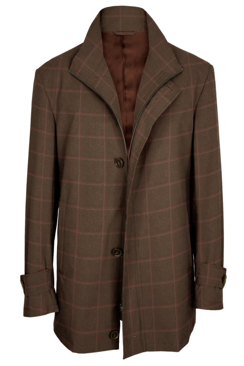 Tan Sienna Windowpane Four Button Zippered Car Coat