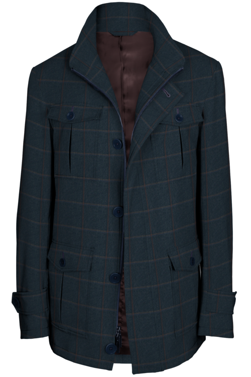 Navy Brown Windowpane Five Button Field Jacket